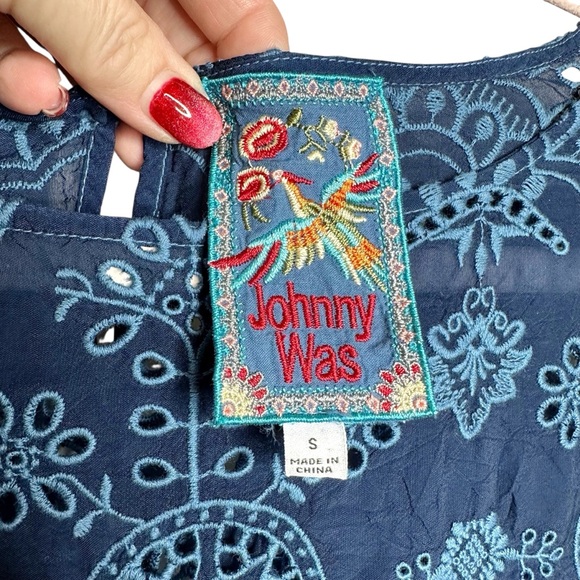 Johnny Was Embroidered Eyelet Mini Shift Dress Small Navy Blue - Picture 11 of 16